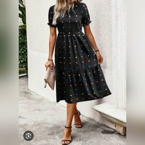 Black Midi Dress with Colorful Heart Pattern